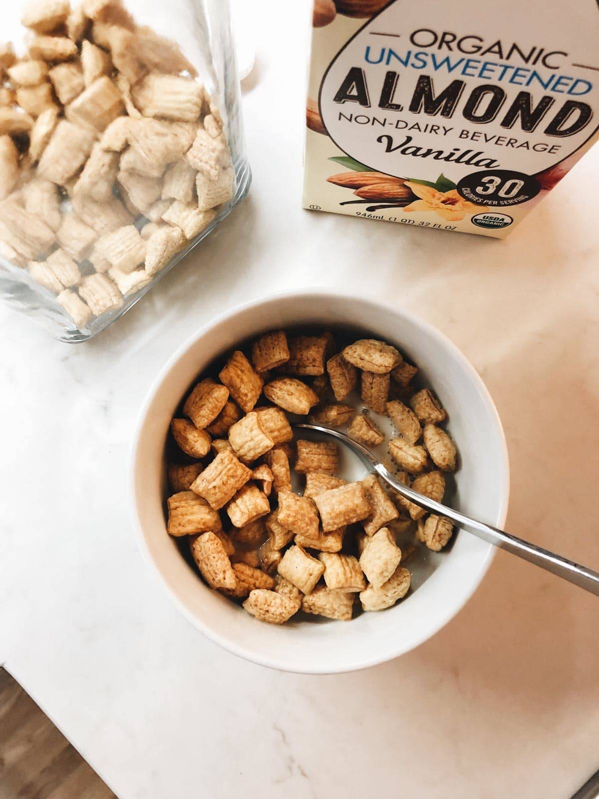 Puffins in a bowl with almond milk.