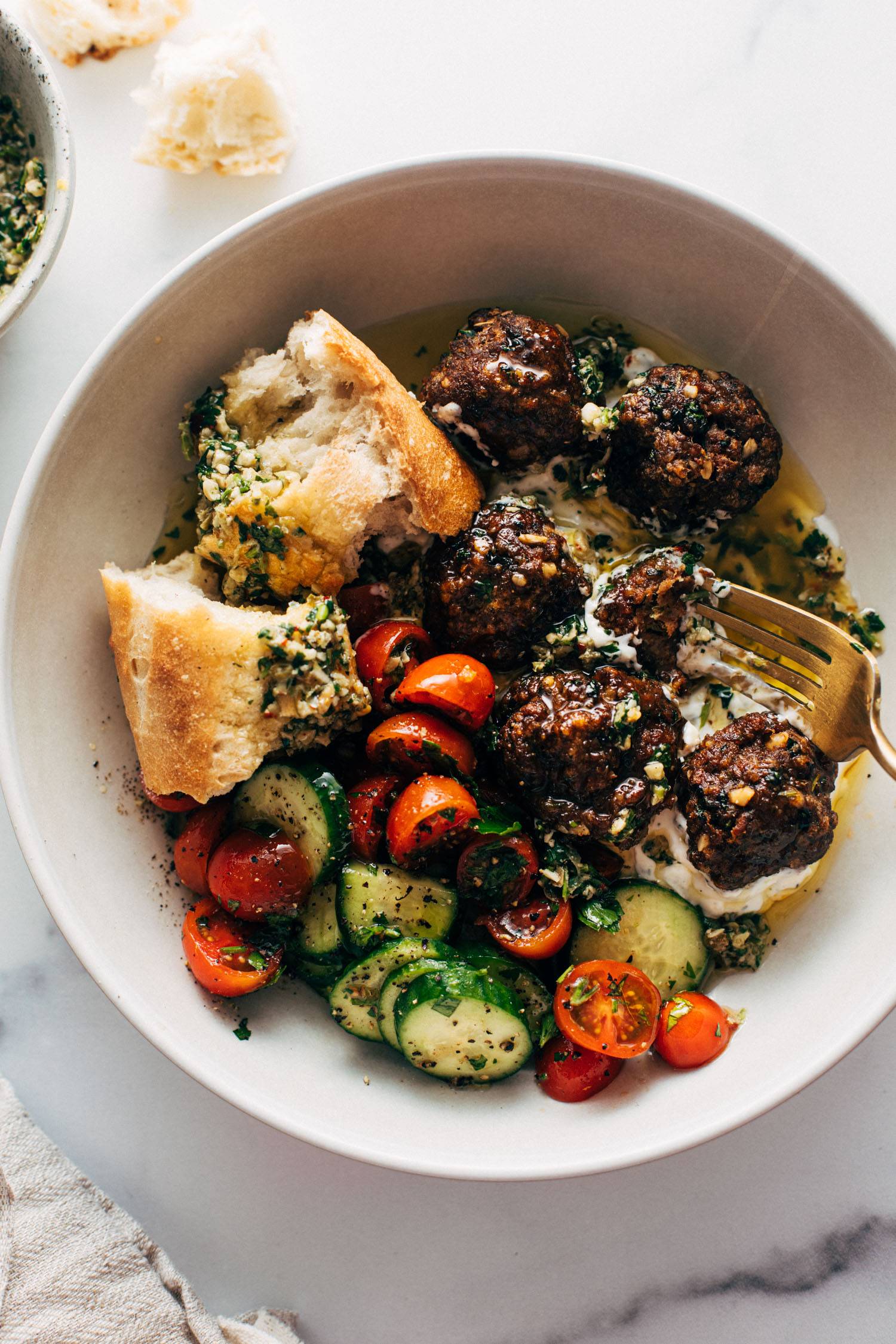 Sheet Pan Meatballs With Tomato Salad And Green Sauce Recipe Pinch Of Yum