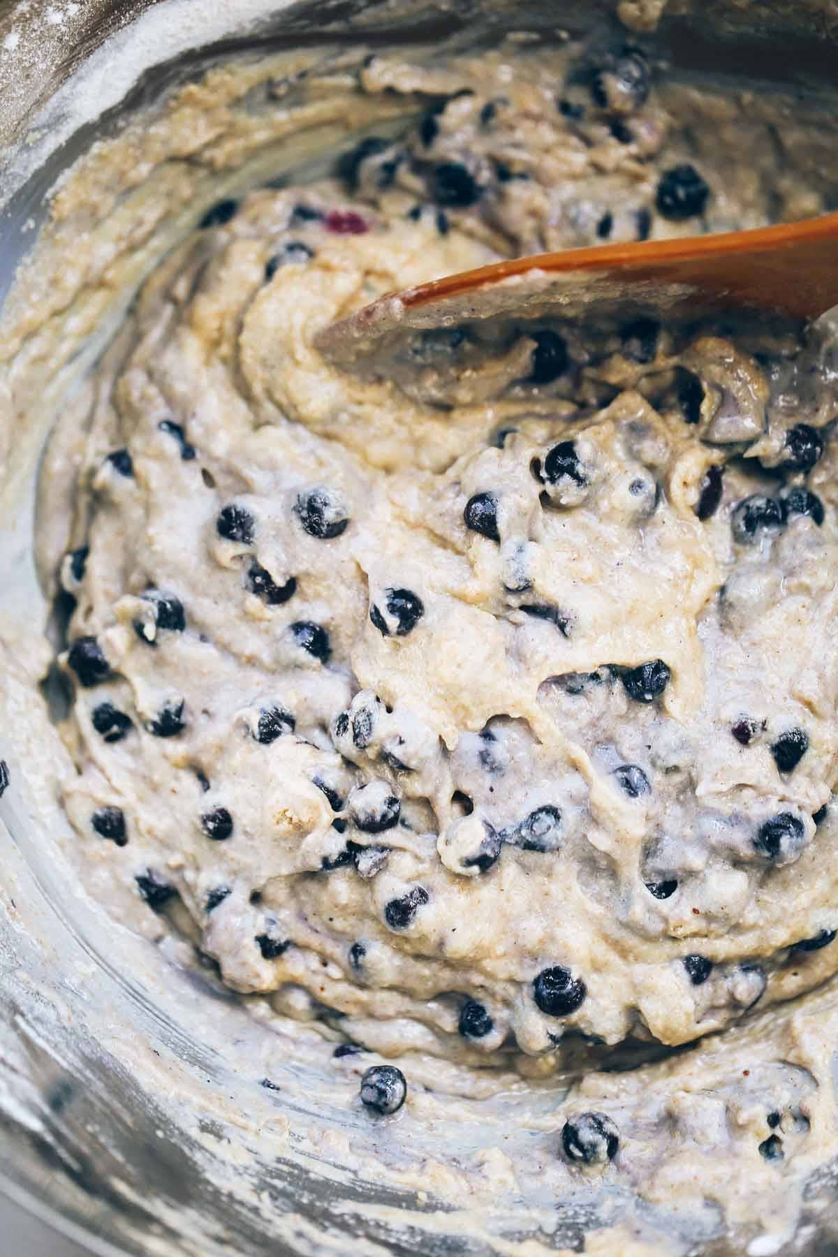 Whole Wheat Blueberry Muffin batter in a mixing bowl.