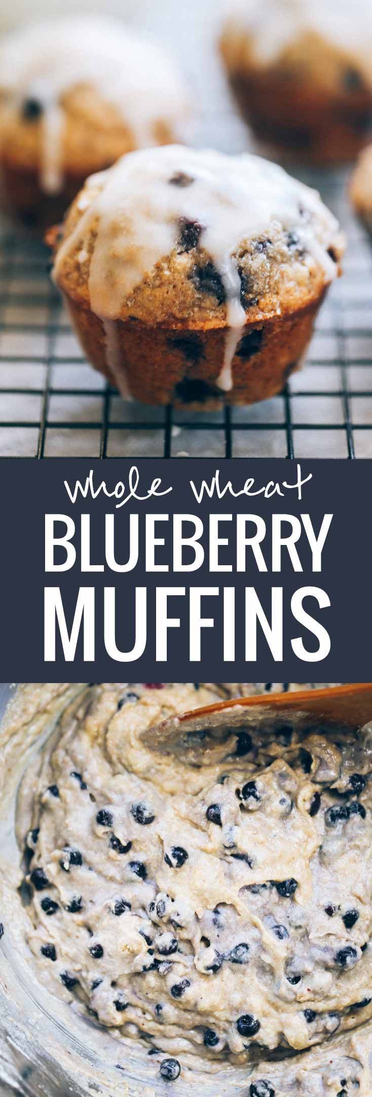 Whole Wheat Blueberry Muffins with a perfect butter glaze! These muffins are a must for a simple, classic brunch.