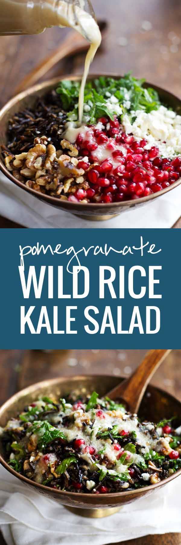 Pomegranate, Kale, and Wild Rice Salad with Walnuts and Feta - a perfect way to freshen up the table! | pinchofyum.com