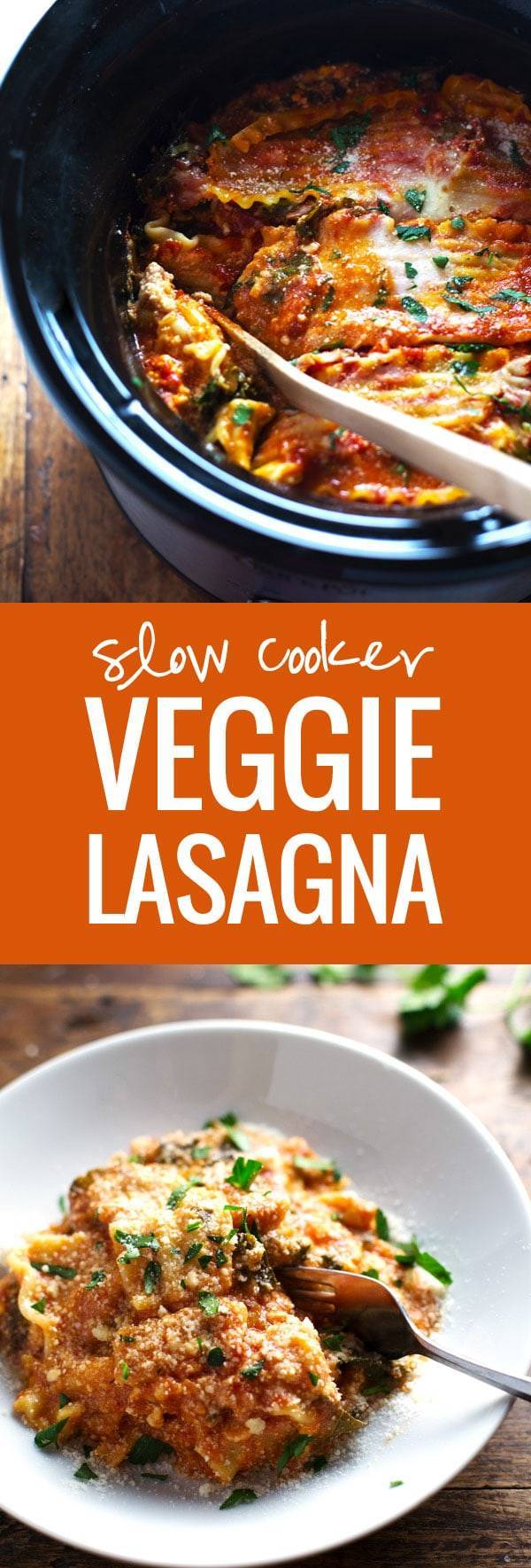 Super Easy Skinny Veggie Crockpot Lasagna - a handful of simple ingredients for a healthy family dinner. | https://pinchofyum.com