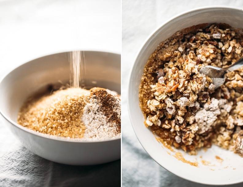 Sugar in a white bowl and apple crisp in a dish with a spoon.