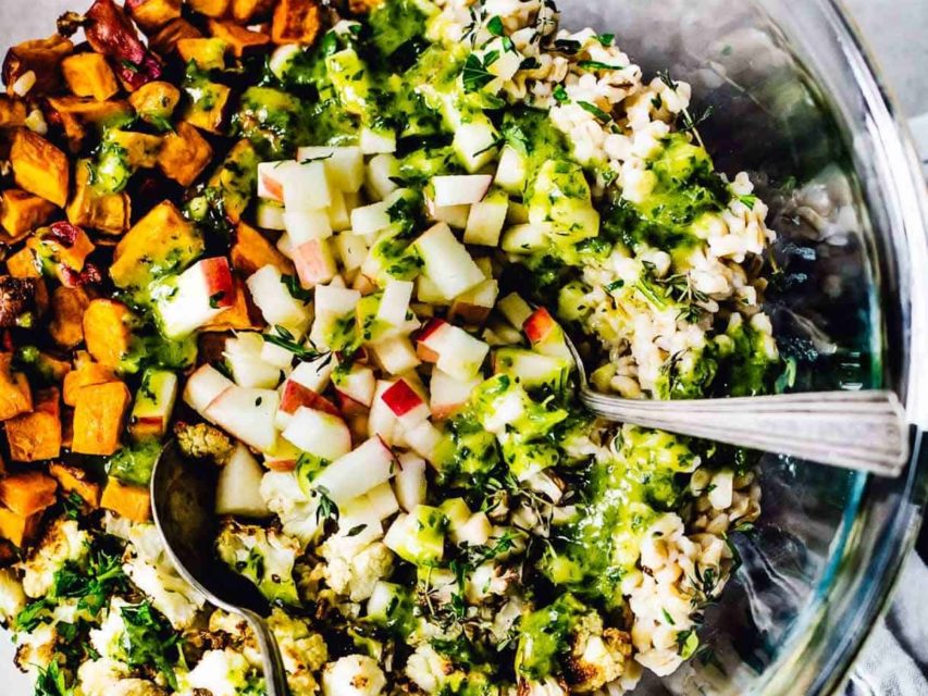 Autumn Glow Salad with Lemon Dressing in a bowl.