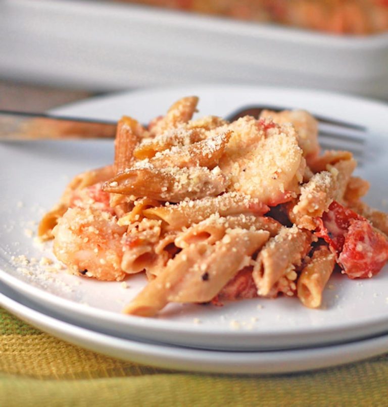 Light Garlic Shrimp Baked Penne Recipe - Pinch of Yum