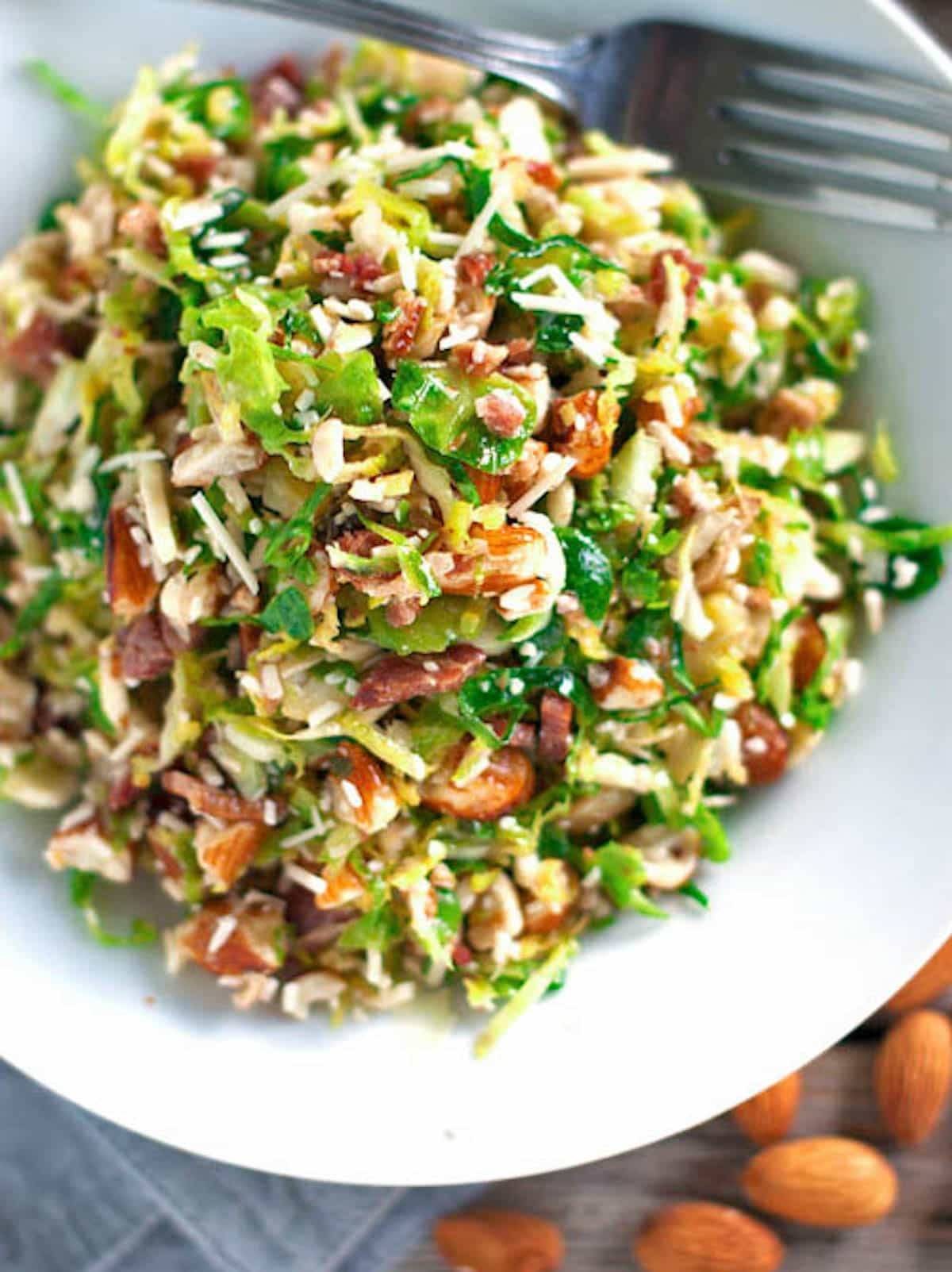 Bacon and brussel sprout salad in a bowl.
