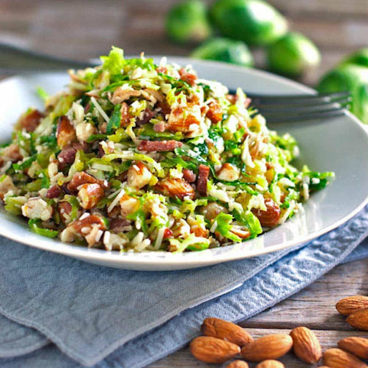 Bacon and brussel sprout salad on a plate.