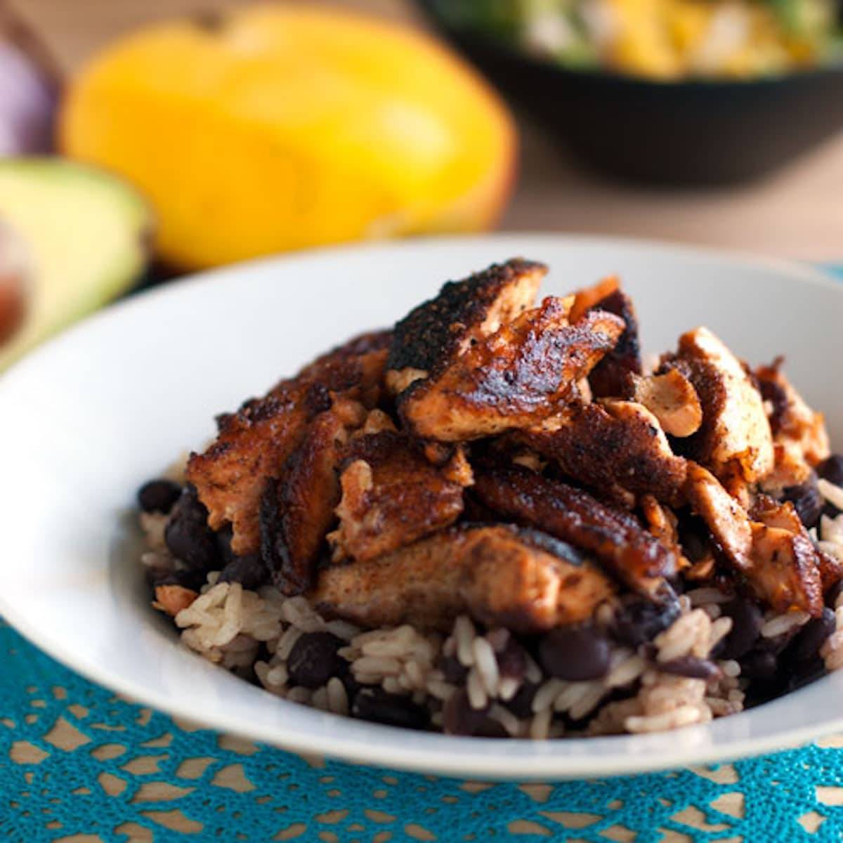 Caribbean jerk salmon bowl.