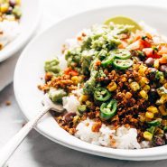 Cauliflower Walnut Taco Meat in bowl with taco fixings.