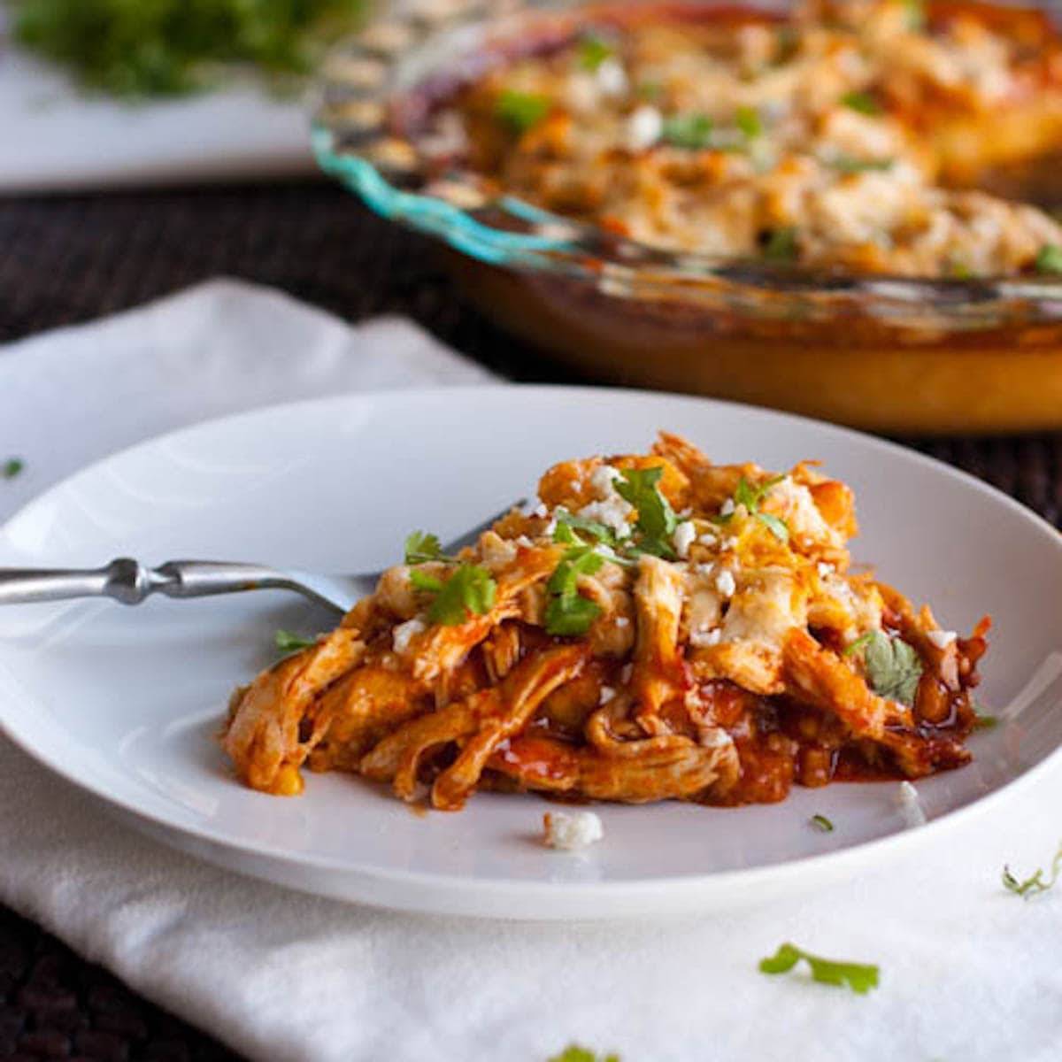 Chicken tamale pie slice on a plate.