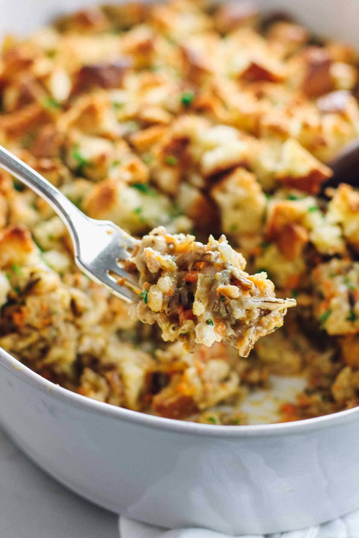 Chicken Wild Rice Casserole on a fork.