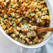 Chicken Wild Rice Casserole in a dish with a spoon.