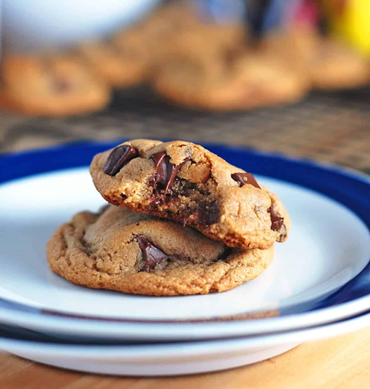 Two malted double chocolate chip cookies on a plate with a bite taken out of one.