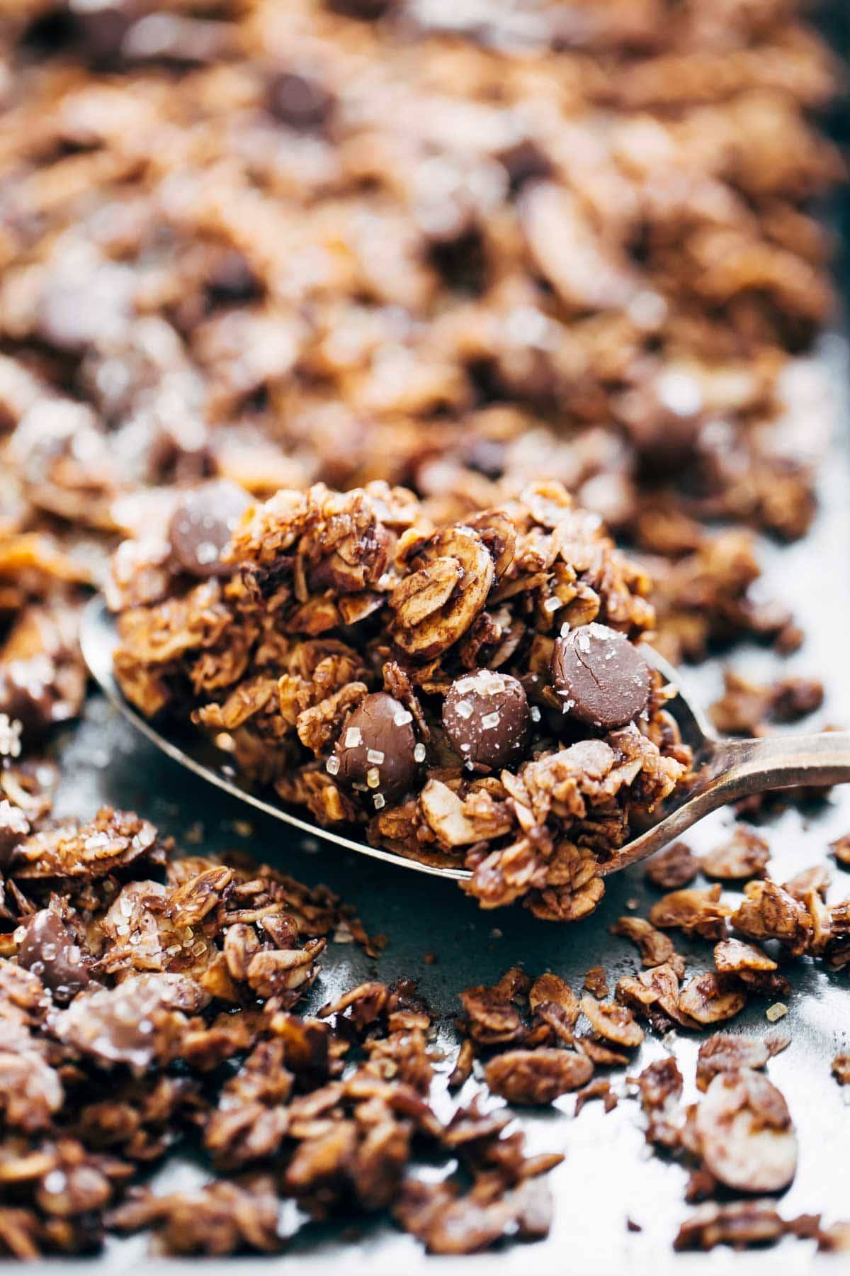 Chocolate Granola with almonds, oats, coconut flakes, chocolate chips, topped with crunchy sugar and sea sat on a spoon.