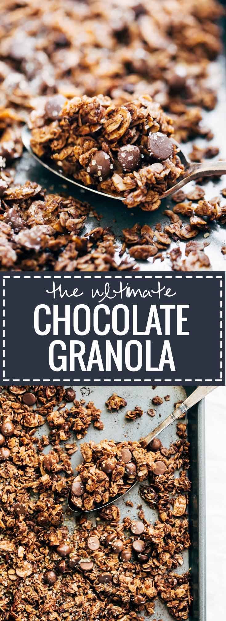 The Ultimate Chocolate Granola - made with simple, healthy ingredients and topped with crunchy turbinado sugar and sea salt with lots of big clusters. THE BEST easy breakfast for chocolate lovers.