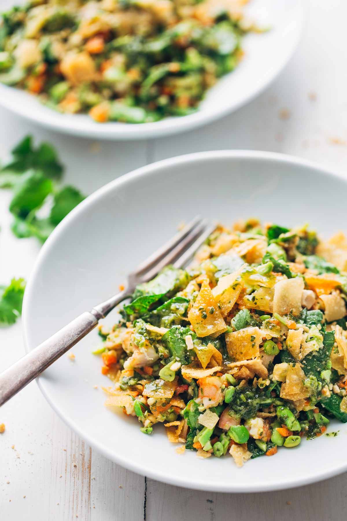 Chopped Thai Shrimp Salad on a white plate with a fork.