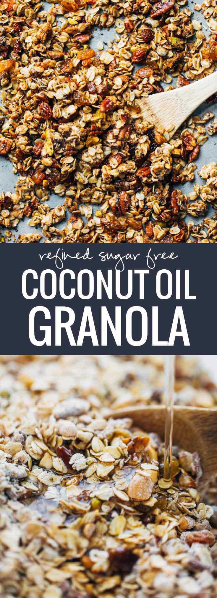 Favorite Coconut Oil Granola - packed with oats, nuts, and dried fruit and NO refined sugar! This is our all time FAVORITE granola recipe!