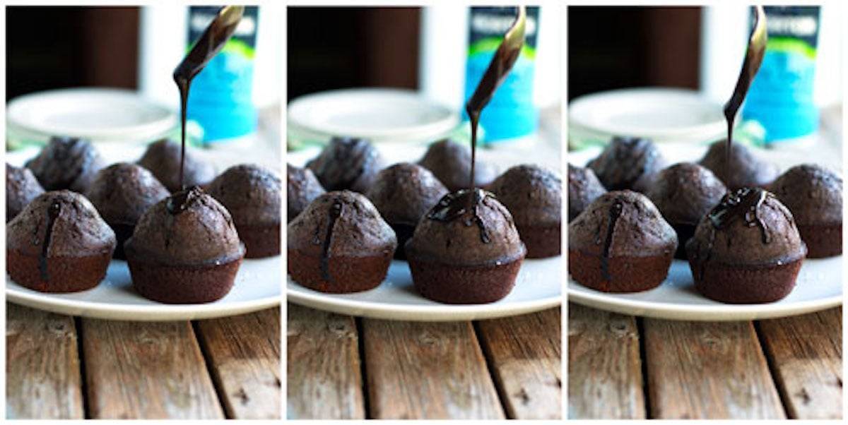 Three photos side by side of salted double chocolate muffins.