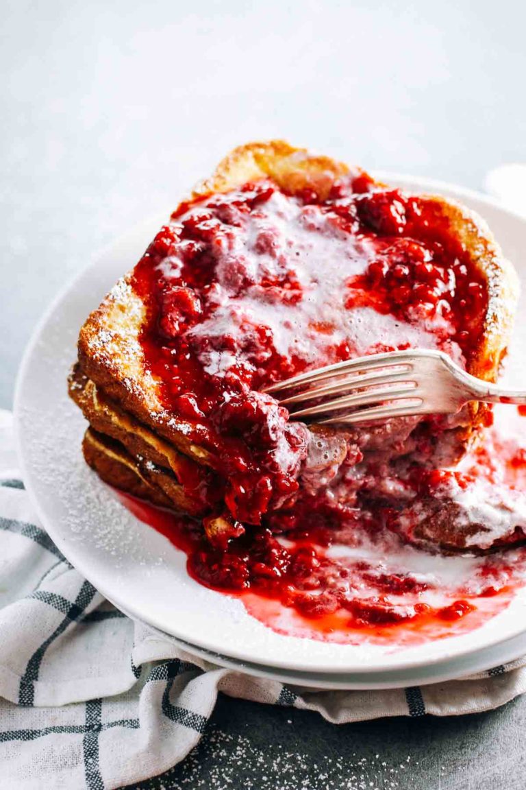 Eggnog French Toast with Raspberry Sauce Recipe Pinch of Yum