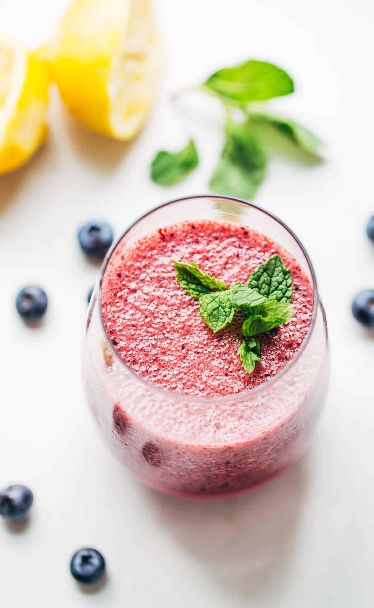 Frosted Blueberry Lemonade with mint and blueberries.