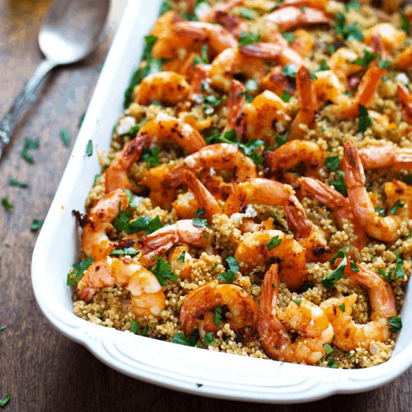 Shrimp Casserole with grains in a baking dish.