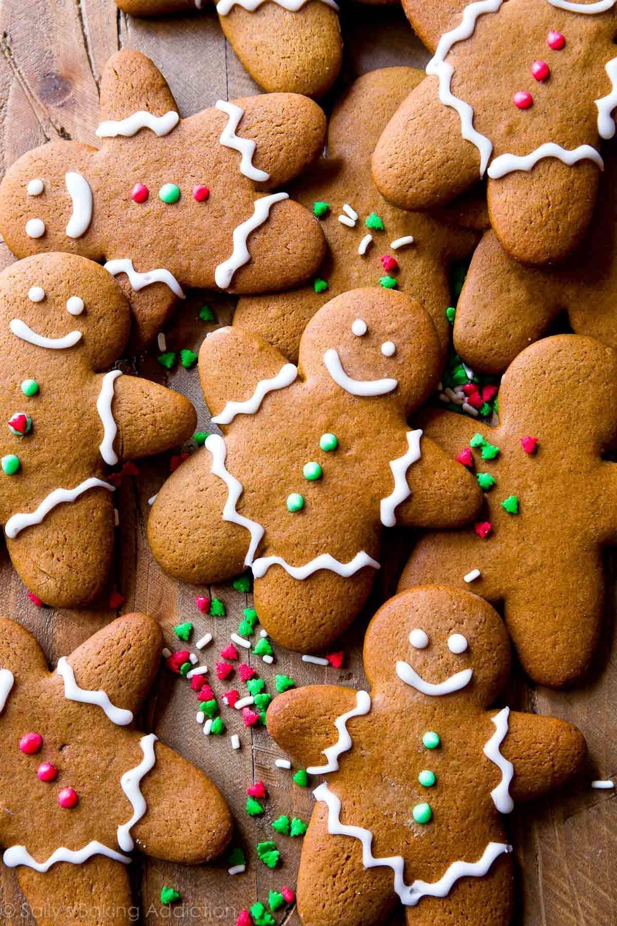Gingerbread cookies on a wooden surface.