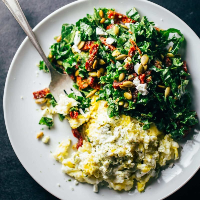 Goat Cheese Scrambled Eggs With Pesto Veggies Recipe Pinch Of Yum 3586