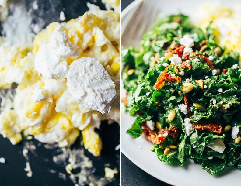 Eggs and kale with tomatoes.