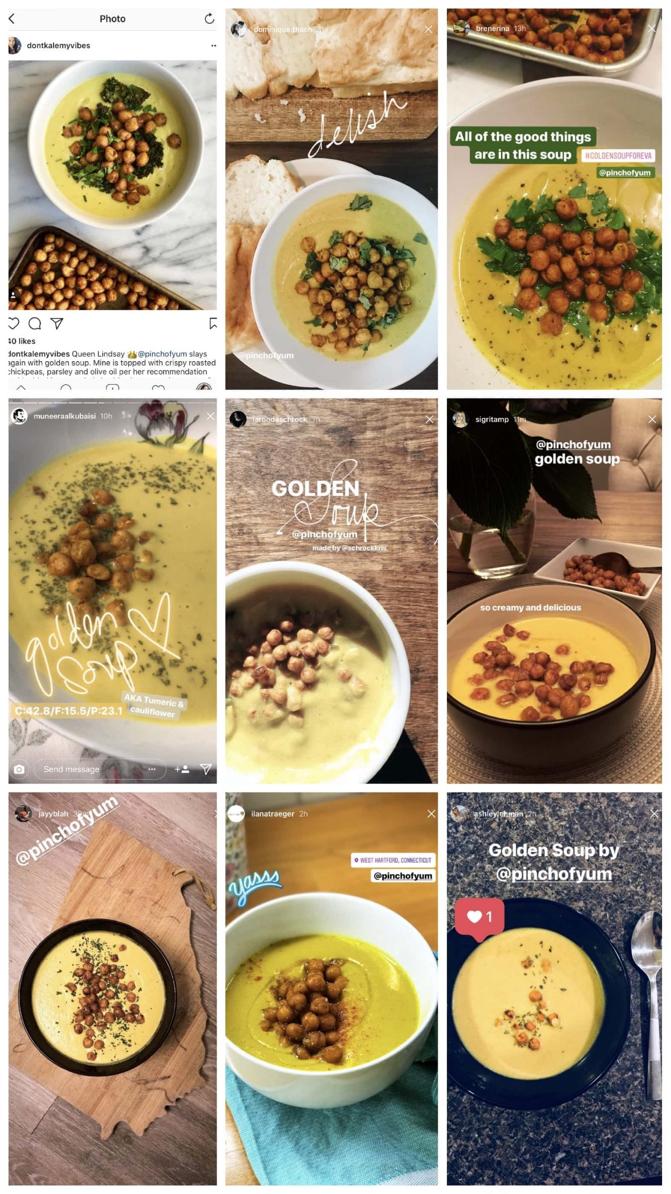 Different bowls of golden soup with roasted chickpeas.