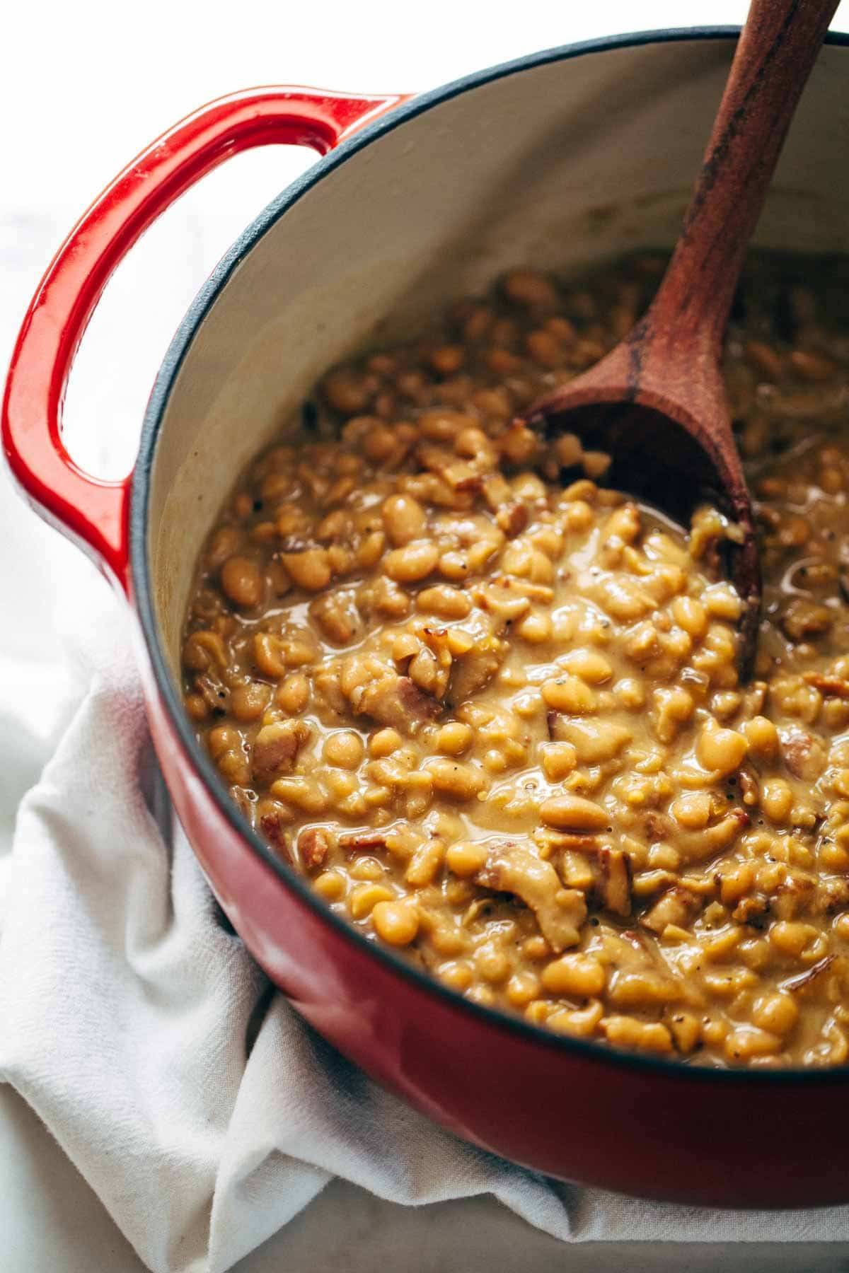 Homemade Brown Sugar Baked Beans! They are saucy, semi-creamy, brown sugar sweet + smoky bacon salty, and deliciously comforting. Five basic ingredients! | pinchofyum.com