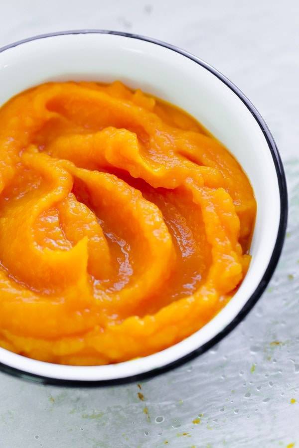 Roasted pumpkin puree in a bowl.