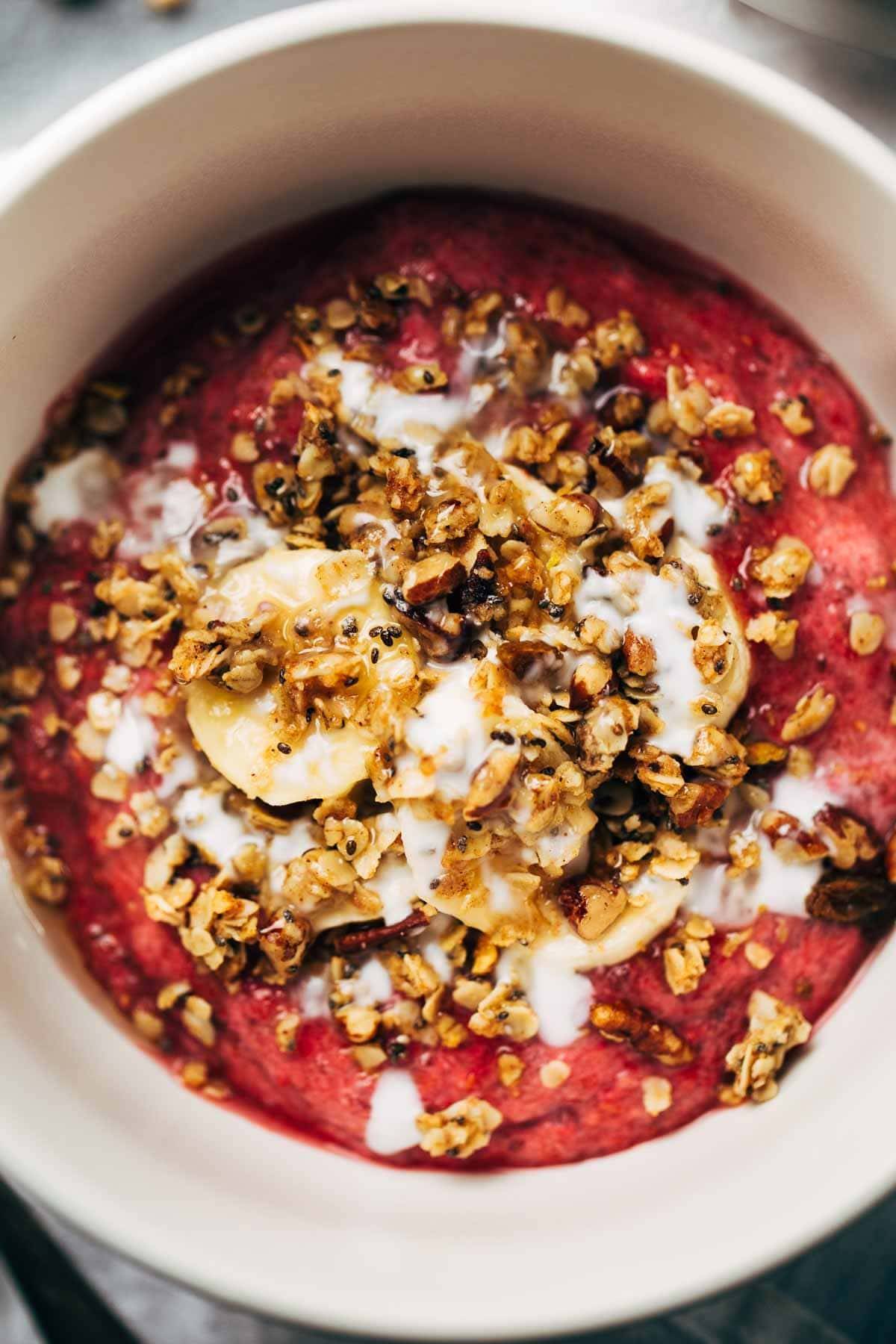 Raspberry Breakfast Bowl with toppings.