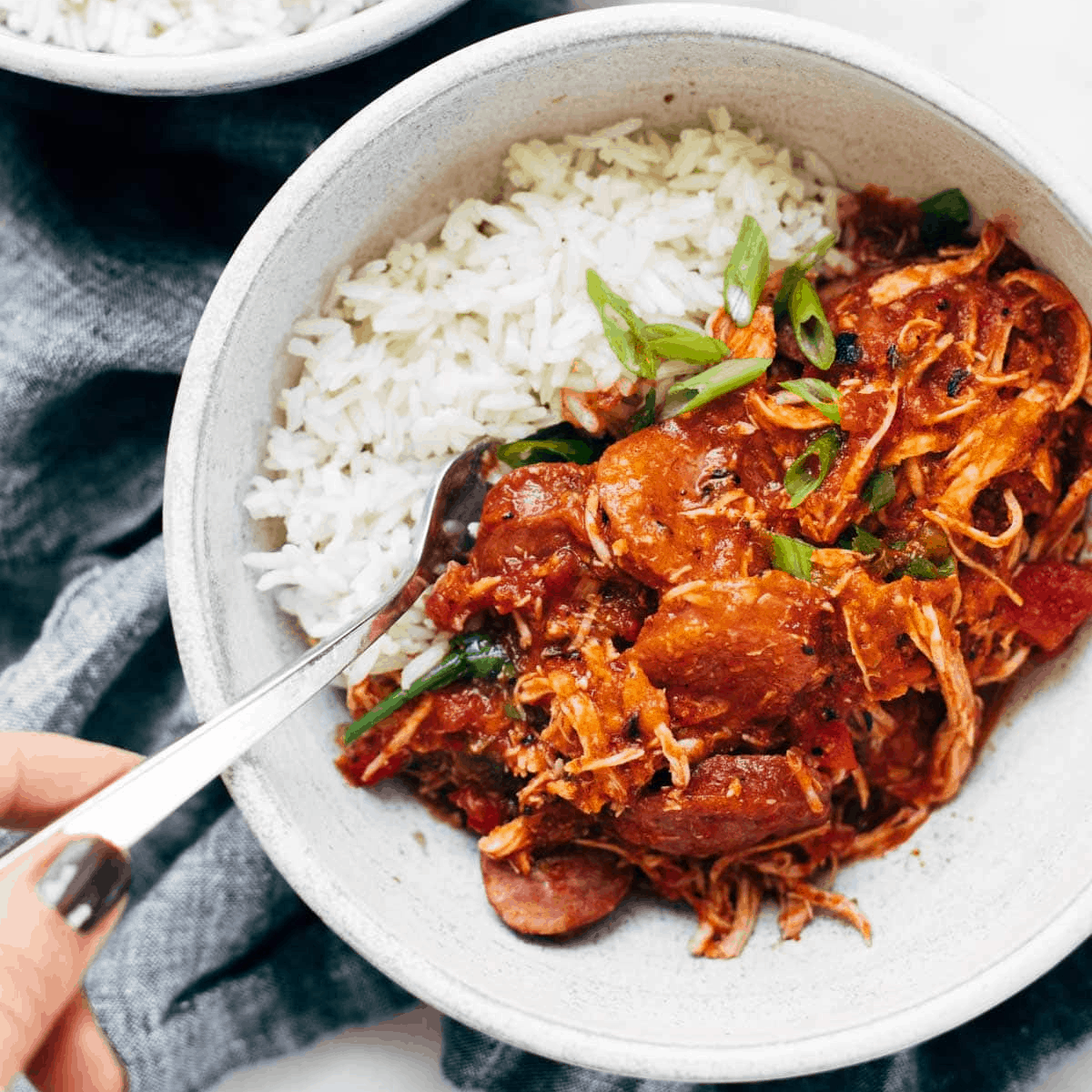 saucy chicken and sausage in a bowl with rice