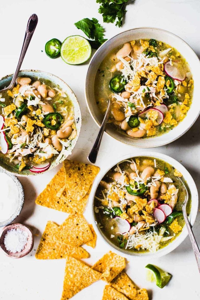 Jalapeño lime chicken soup in bowls.
