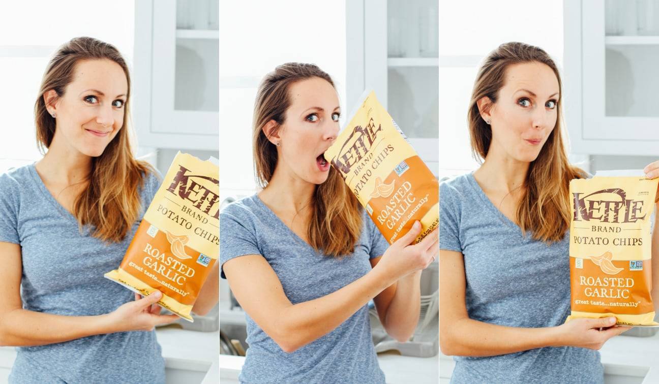 Woman holding a bag of chips in three photos.