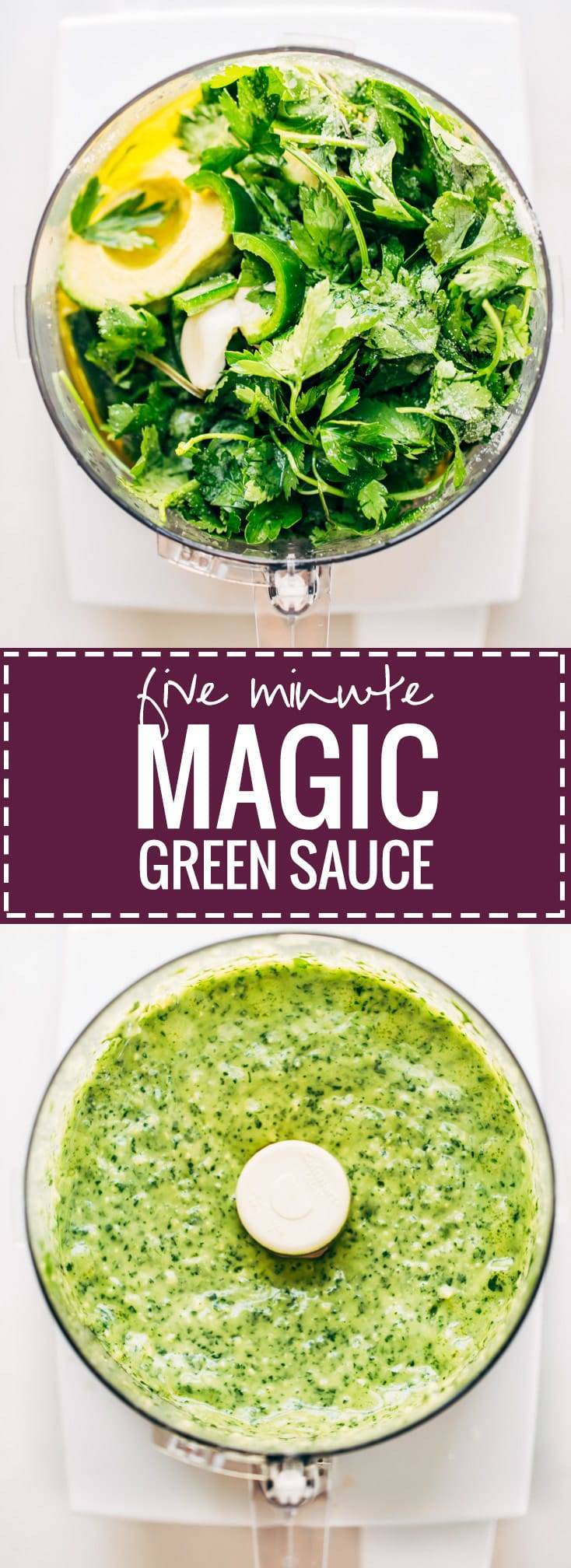 5 Minute Magic Green Sauce - use on salads, with chicken, or just as a dip! Easy ingredients like parsley, cilantro, avocado, garlic, and lime. Vegan!