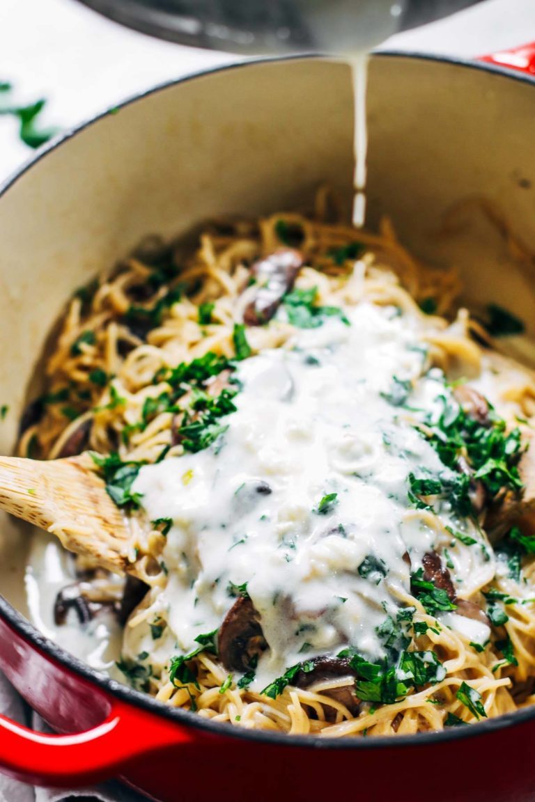 Creamy Garlic Herb Mushroom Spaghetti Recipe Pinch of Yum