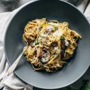 Creamy Garlic Herb Mushroom Spaghetti in a bowl.