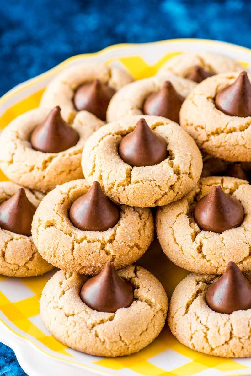 Peanut butter blossom cookies on a tray.