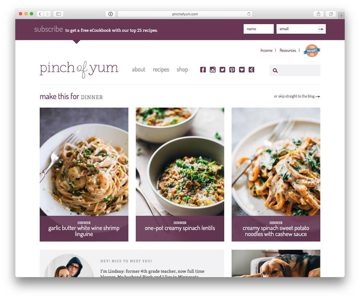 Pinch of Yum website home page.