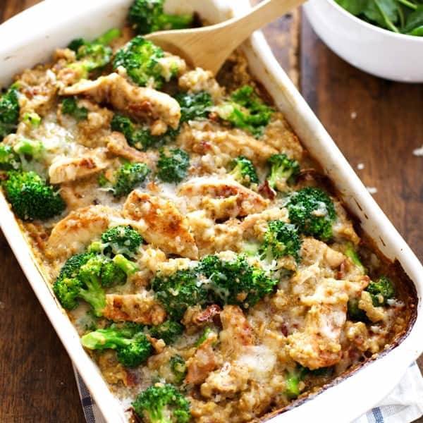 Chicken and quinoa casserole dish with broccoli.