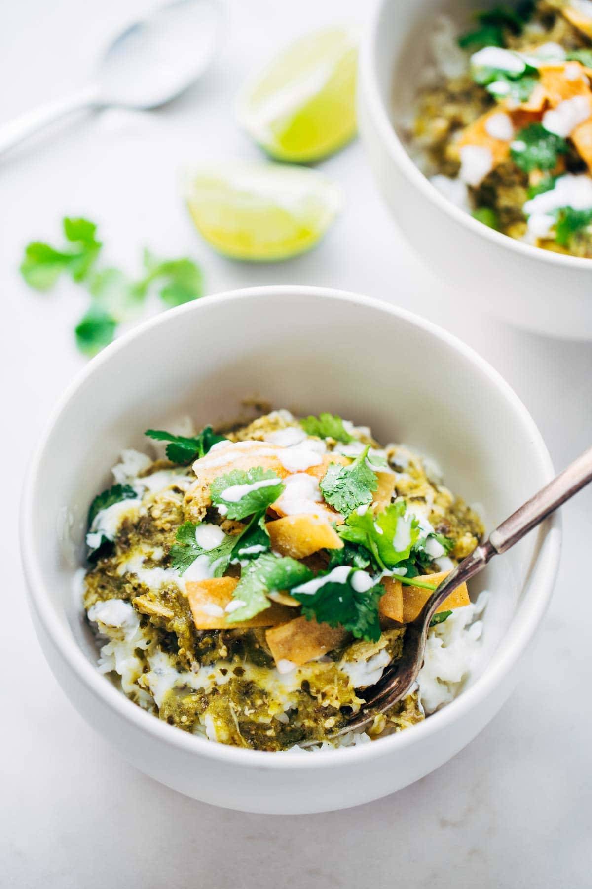 Roasted Tomatillo Chicken and Rice Bowl with toppings.