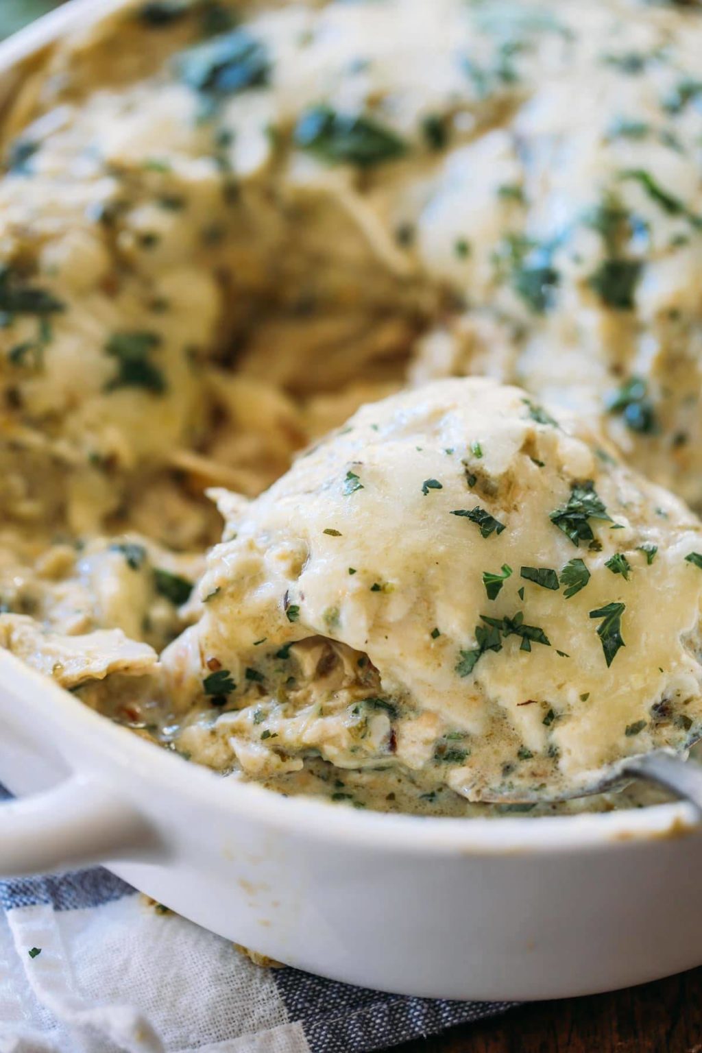 Roasted Tomatillo Chicken Enchilada Casserole