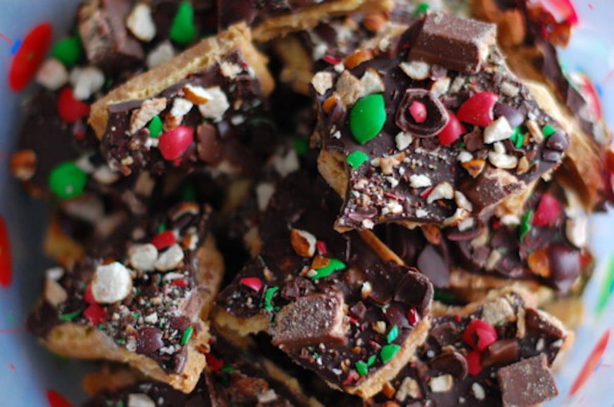 Salted toffee with colorful candy toppings.