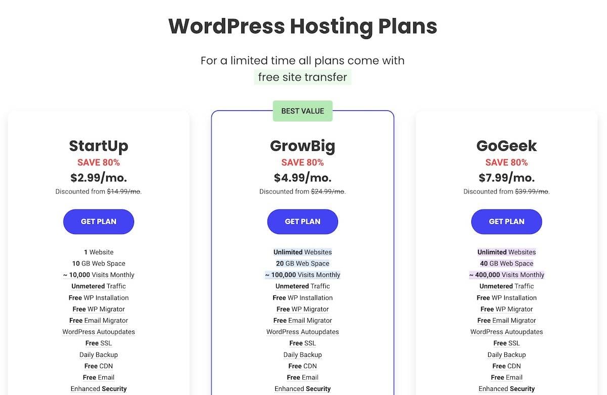 three SiteGround hosting plans and their features