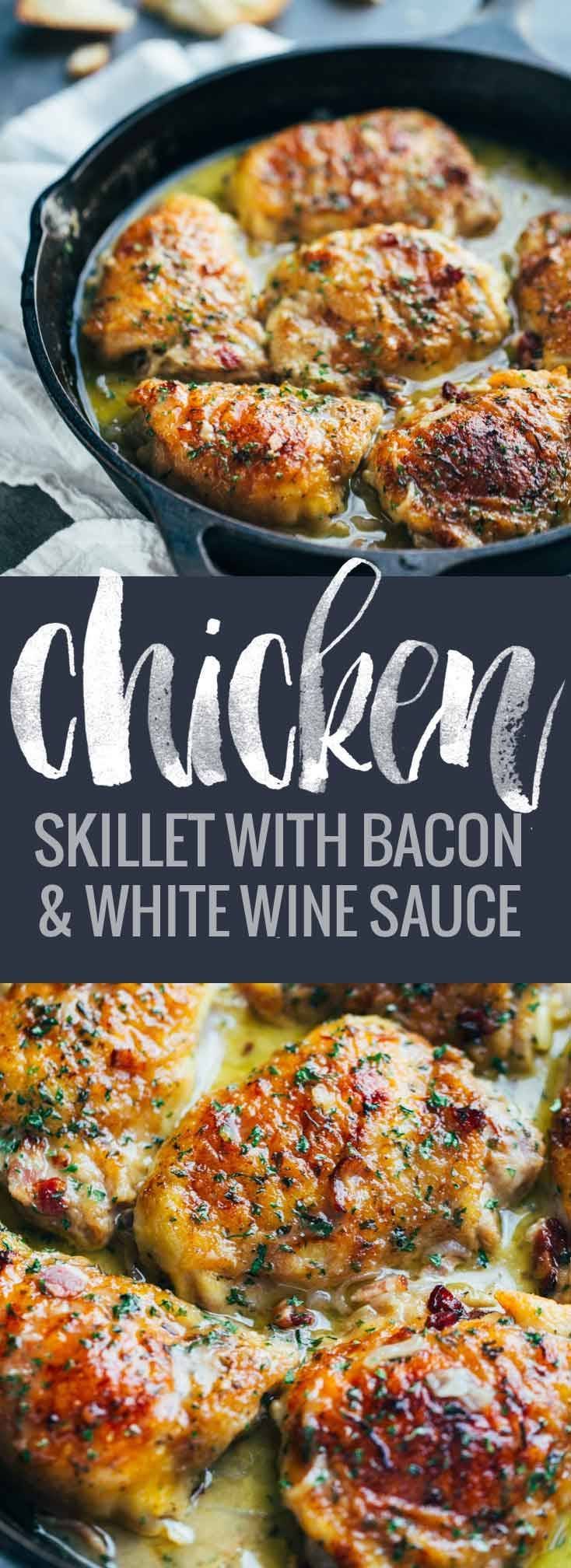 Skillet Chicken with Bacon and White Wine Sauce - a simple one-pot crowd-pleasing chicken recipe that goes perfectly with warm bread and a green salad!