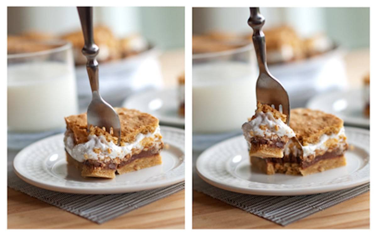 S'mores bars layered in between marshmallow fluff, chocolate, and a graham cookie base in two photos side by side.