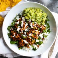 Spicy Sofritas Veggie Bowl with guacamole.