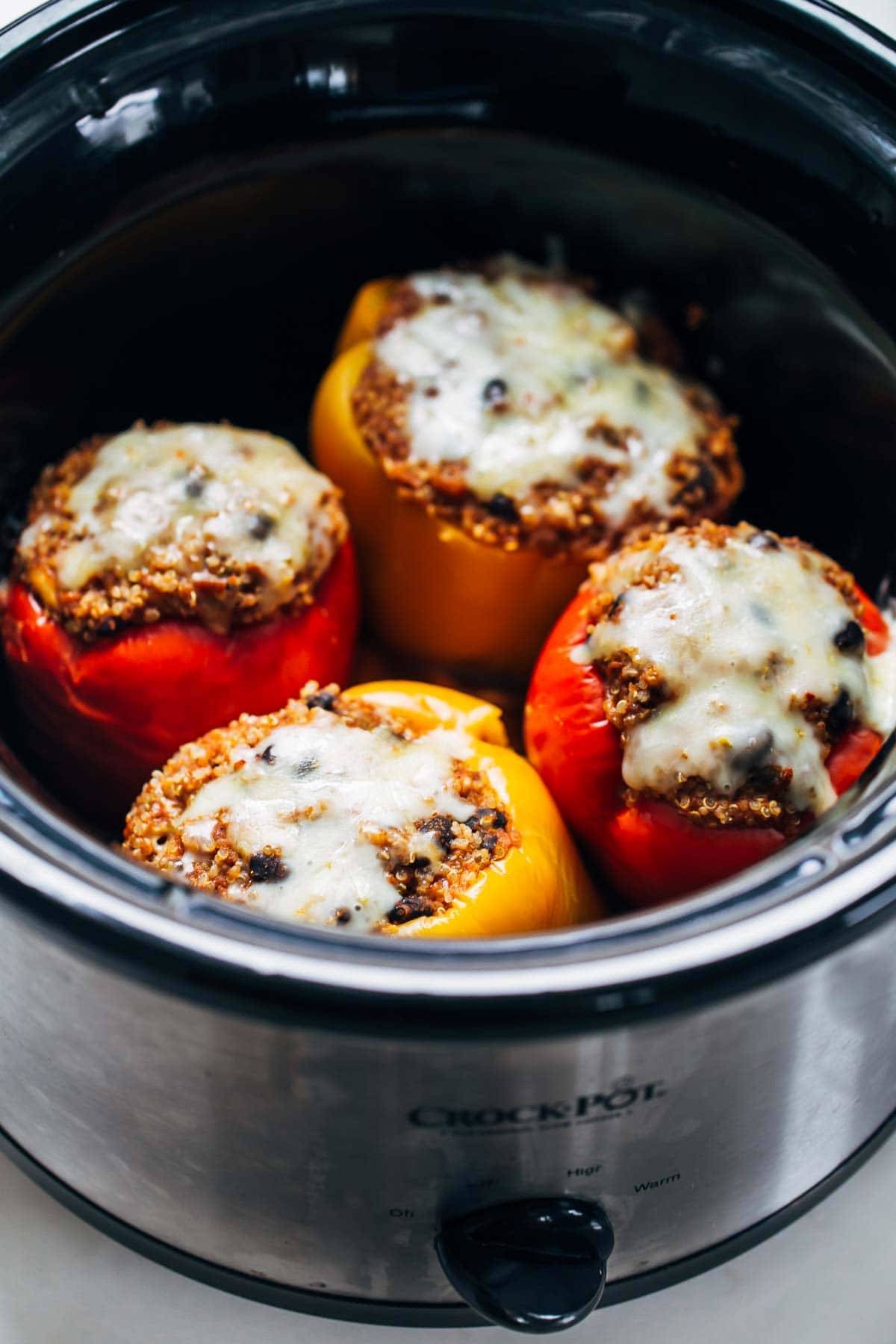 Quinoa Black Bean Crockpot Stuffed Peppers in a crockpot.