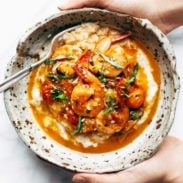 Shrimp and grits in bowl.